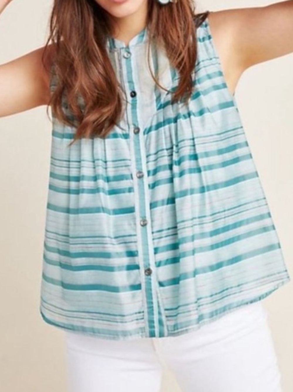 Current Air Teal and White Striped Sleeveless Button-Front Tank Top